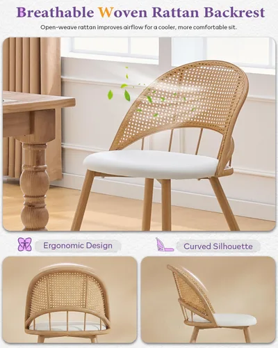 Miniatura 4 de TYBOATLE Juego de 2 sillas de comedor de ratán con cojín de piel sintética, modernas sillas de comedor con almohadillas ajustables para los pies