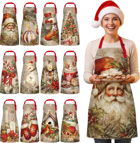 Miniatura 10 de 12 piezas de delantales de Navidad a granel, divertidos delantales ajustables con bolsillos, vintage, delantales de cocina de Navidad para hornear