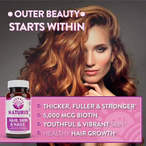 Miniatura 2 de Suplemento nutritivo esencial para el cabello, la piel y las uñas, 60 unidades 4000 mcg de biotina + vitaminas A, C y E, vitaminas del complejo B