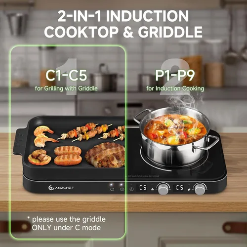 Miniatura 5 de AMZCHEF Placa de cocción de doble inducción con plancha extraíble antiadherente, 1800 W, 2 quemadores, estufa de inducción portátil con sensor
