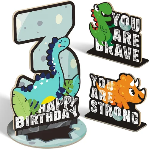 Miniatura 54 de Juego de 3 piezas de dinosaurios con signo de número de 2º cumpleaños, decoración de mesa de dinosaurios para niños y niños de 2º cumpleaños