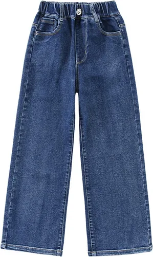 Miniatura 2 de birbyrrly Pantalones de mezclilla de pierna ancha para niñas, holgados, cintura elástica, pantalones de mezclilla casuales con bolsillos