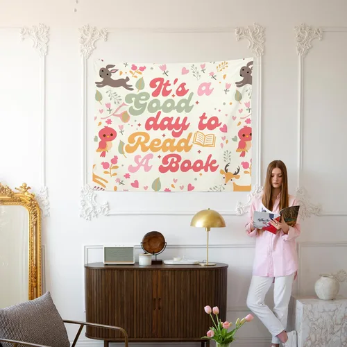 Miniatura 6 de MNASAIOO Tapiz de pared para colgar en el aula con texto en inglés "It's A Good Day to Read A Book", tapiz de pared para niños, amantes