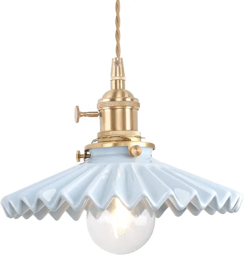 Miniatura 28 de Shenmoyl Lámpara colgante con pantalla de vidrio transparente a rayas, luz colgante vintage de latón, luz colgante ajustable para cocina, isla