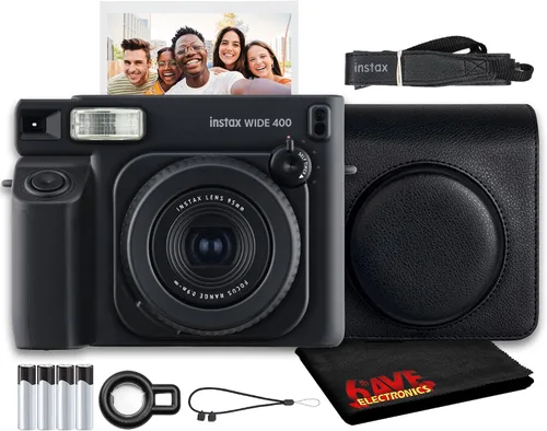 Fujifilm Instax Wide 400 Cámara de película instantánea (negro) Paquete con funda de transporte compatible con estilo vintage + paño de limpieza de