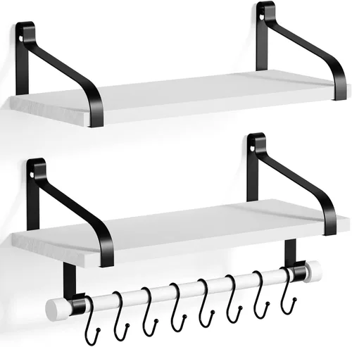 Miniatura 10 de Love-KANKEI Estantes flotantes para barra de café, estantes de baño con toallero, estantes de pared con 8 ganchos para cocina, juego de 2 estantes
