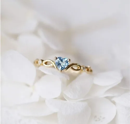 Joyería de moda 14k chapado en oro de 14 quilates, topacio azul mar, corazón de amor, circonita cúbica, anillo de diamantes para mujer, aniversario,