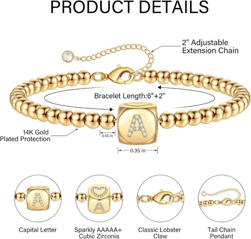 Miniatura 5 de Pulseras con iniciales de oro para mujeres y niñas, chapados en oro de 14 quilates, pulsera de cuentas redondas con dije de dados cuadrados, pulsera