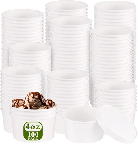 Miniatura 17 de Paquete de 100 recipientes de papel de 4 onzas para sopa con tapas ventiladas, recipientes desechables para alimentos, tazas de helado de estraza