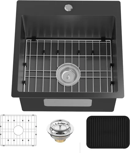 Miniatura 9 de Fregadero de cocina y bar negro de 15 x 17 pulgadas, fregadero de acero inoxidable con rejilla SS, alfombrilla de silicona, colador, colador