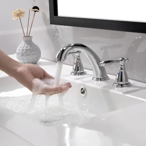 Miniatura 9 de Phiestina Grifo de baño cromado de 8 pulgadas y 3 agujeros con drenaje desplegable de metal, grifo de lavabo de baño sin Lesd, WF008-4-C Cromo