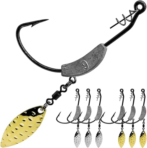 Ganchos de natación con peso, 6 anzuelos Underspin Swimbait con Twistlock, ganchos de manivela con peso con cuchillas giratorias doradas/plateadas