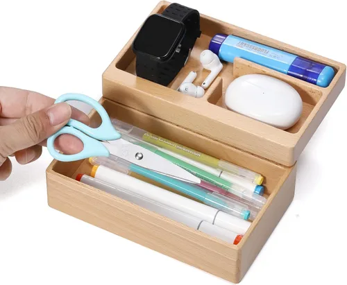 Caja de bandeja de valet, caja de almacenamiento de madera de haya con rotación magnética, organizador de suministros diarios para escritorio de