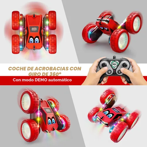 Miniatura 7 de WayEee Coche de control remoto, 360° voltea RC Stunt Car con tiras de luces LED, batería modular de carga tipo C, 2.4 GHZ de doble cara de alta Rojo