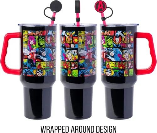 Miniatura 5 de Silver Buffalo Marvel Avengers - Vaso de acero inoxidable con asa, popote y tapa de pajilla, diseño de Iron Man, Capitán América, Blue Beetle, Thor