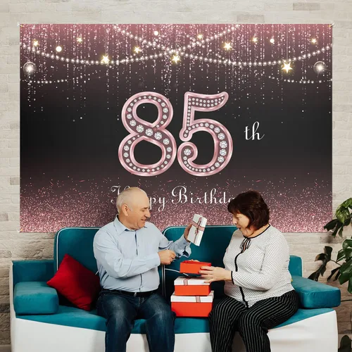 Miniatura 6 de HAMIGAR Fondo de pancarta de feliz cumpleaños 85 de 6 x 4 pies, decoraciones de cumpleaños de 85 años, suministros de fiesta para mujeres, oro rosa