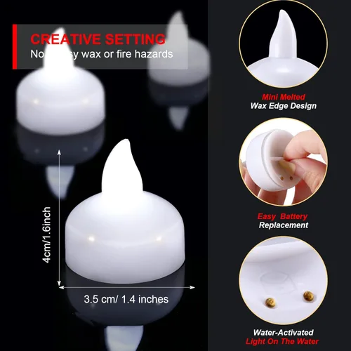 Miniatura 5 de Honoson Paquete de 36 velas flotantes LED sin llama de 1.6 pulgadas, impermeables, funcionan con pilas, velas flotantes parpadeantes para centros