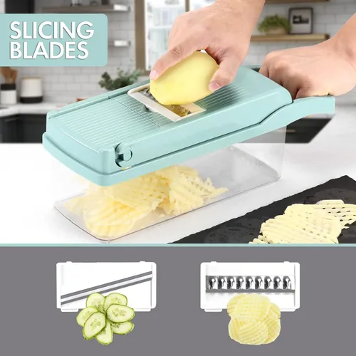 Miniatura 4 de Ourokhome - Cortador de mandolina para verduras, 7 cuchillas, práctico triturador de cebolla con separador de huevos y colador para cocina, Azul