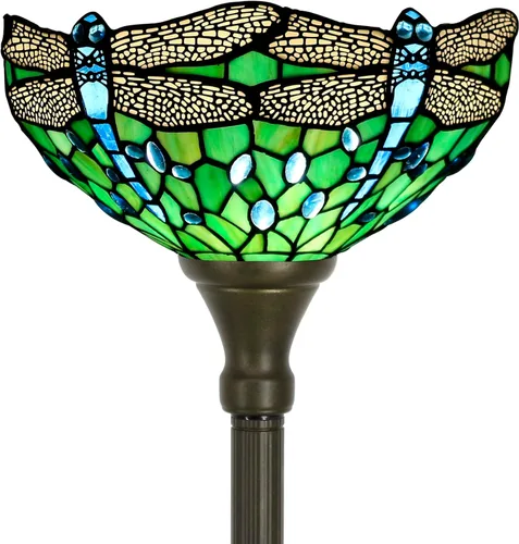 Tiffany - Lámpara de pie tipo antorcha de vitral de 12 x 12 x 67 pulgadas, luz de esquina antigua (libélula verde) | Antique Standing Corner Light