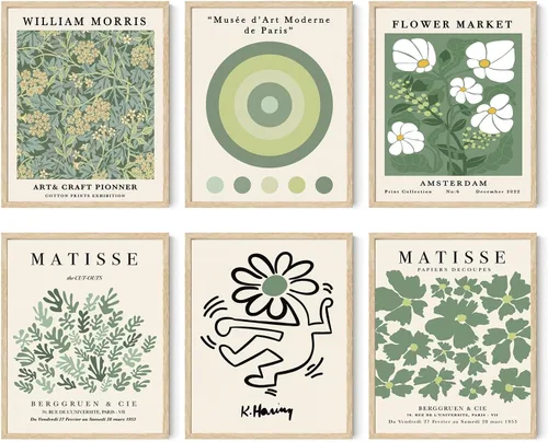 Iknostine Juego de 6 impresiones artísticas de pared de artistas famosos Matisse abstractas de color verde, póster estético en lienzo con diseño de