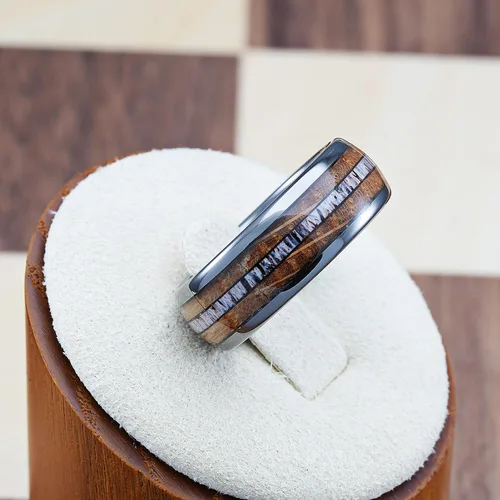 Miniatura 2 de 100S JEWELRY Anillos de tungsteno gris Gunmetal para hombre, con incrustaciones de madera y alce, banda de compromiso de promesa de boda