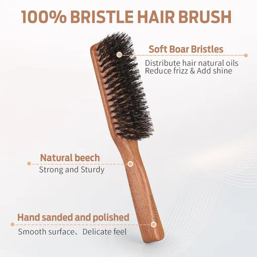 Miniatura 2 de BRUSHZOO - Cepillo de pelo de cerdas de jabalí para mujeres y hombres, pelo corto y fino, mango de haya, cepillo para peinar y alisar