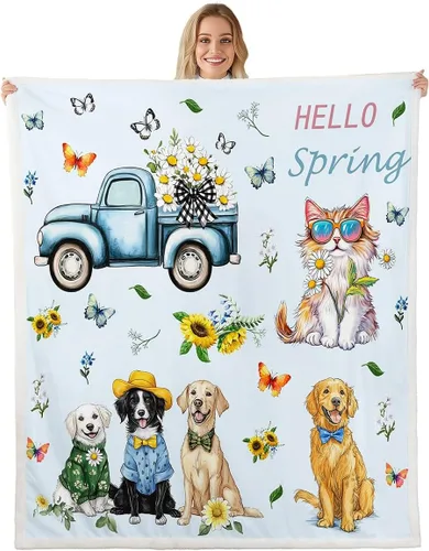 Miniatura 32 de Manta de perro de dibujos animados para niños, manta de vellón con mariposas y girasoles para decoración de dormitorio, sofá, dormitorio, manta
