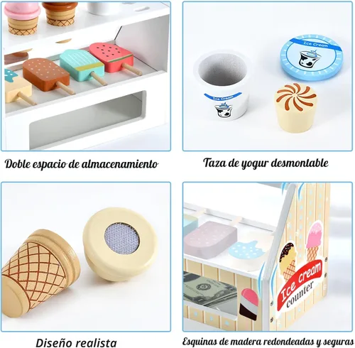 Miniatura 6 de WHOHOLL Juguetes de helado de madera para niños, juguete de simulación para niños pequeños, accesorios de cocina con cuchara, menú, juego de helado