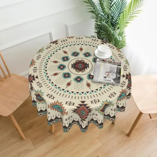 Miniatura 2 de Giwawa Mantel redondo azteca del suroeste de 60 pulgadas, diseño étnico tribal geométrico, estilo vintage, mantel circular bohemio y chic lavable