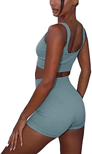 Miniatura 4 de fatty tiger Conjuntos de entrenamiento acanalados para mujer, 2 piezas, trajes de gimnasio, ombligueras, pantalones cortos de cintura alta