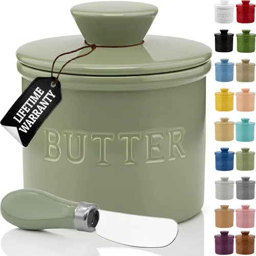 Miniatura 30 de PriorityChef - Mantequera con tapa con línea de agua, plato de mantequilla francesa de cerámica para dejar en la encimera, color caqui