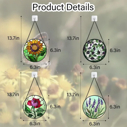 Miniatura 6 de Juego de 4 piezas para colgar vidrieras, rosas rojas, girasoles amarillos, 6.3 pulgadas, atrapasoles de flores, puerta de jardín, decoración