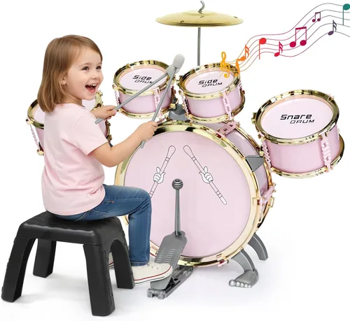 Miniatura 9 de Juego de batería para niños pequeños de 1 a 3 años, kit de batería de jazz de 5 piezas con taburete, pedal de bajo y platillo, instrumento musical