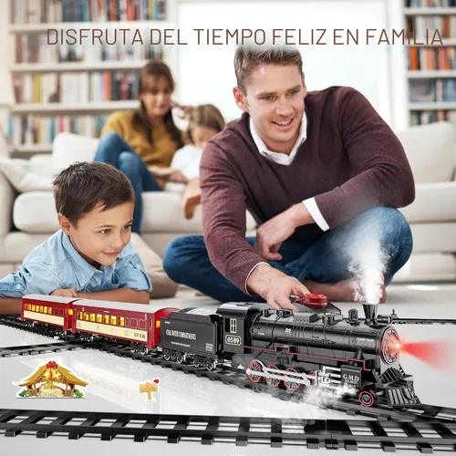 Miniatura 4 de Hot Bee Juego de tren para niños, juegos de tren de aleación a control remoto con locomotora de vapor, autos y pistas iluminados, juego de trenes