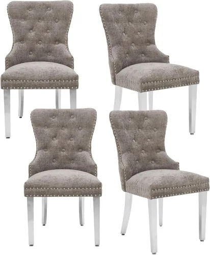 Miniatura 9 de adochr Juego de 2 sillas de comedor de terciopelo, sillas de comedor tapizadas acolchadas con anillo de tracción y patas de acero inoxidable, beige