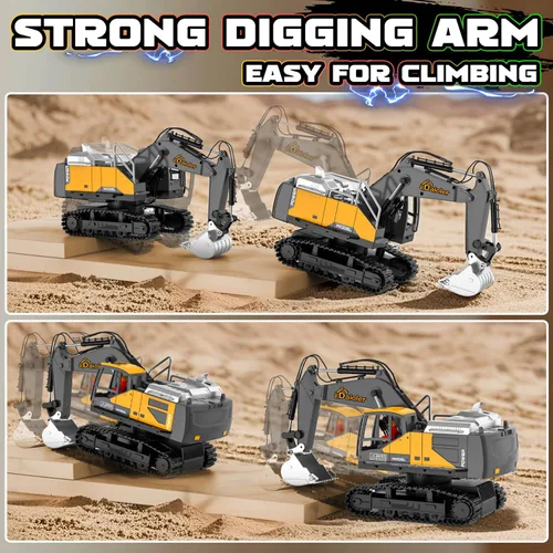 Miniatura 4 de Excavadora de juguete a control remoto para niños de 3 años, vehículo de construcción RC con aerosol, batería recargable/rotación de 680°, pala