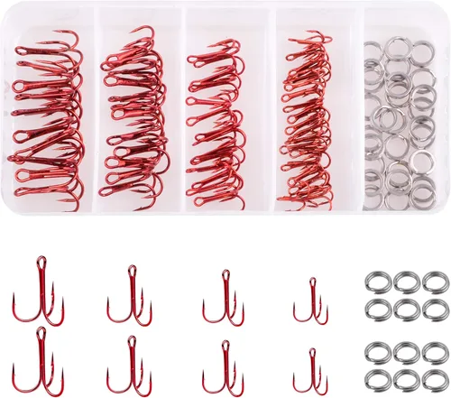Miniatura 8 de Kit de ganchos agudos rojos, curvados redondos, ganchos de pesca triples de acero inoxidable, anillos de doble división, kit de caja de aparejos