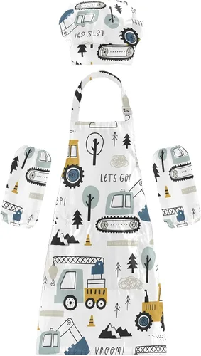 Juego de delantal de chef para niñas, lindo patrón de dinosaurio, impermeable, con bolsillos, pintura, cocina, 3-6