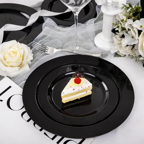 Miniatura 5 de FLOWERCAT 100 platos de plástico negro, platos desechables negros resistentes para fiesta de cumpleaños, boda, día del padre, para 50 invitados