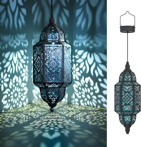 Twinkya Paquete de 2 luces solares colgantes para jardín, farol solar decorativo para exteriores, impermeables, de metal, marroquí, decoraciones al