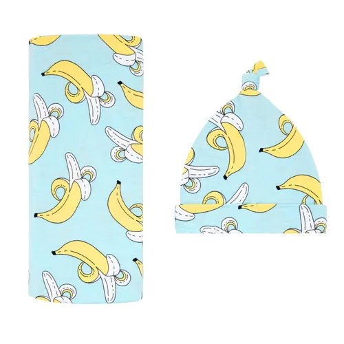 Little Sleepies Juego de manta para envolver y sombrero, pañales para bebés recién nacidos, viscosa suave de bambú (plátanos)