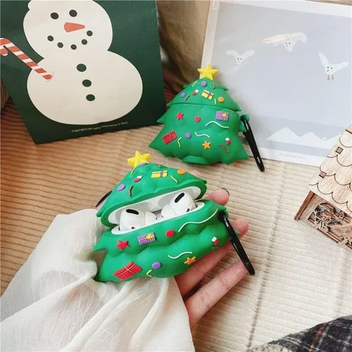 Miniatura 3 de Funda de silicona suave para árbol de Navidad con llavero para Apple AirPods 1, 2, 1ª generación, 2016, 2019, modelo de color verde 3D, caricatura