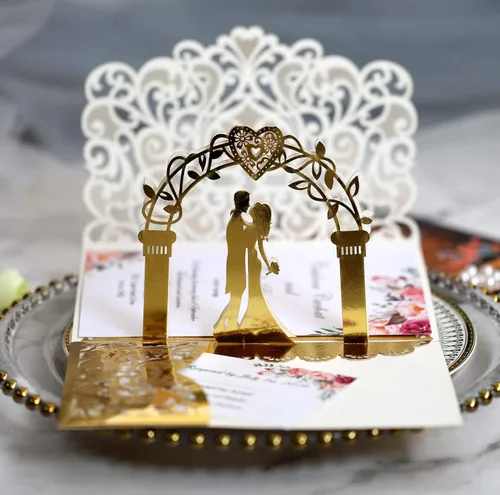 Miniatura 5 de NC Paquete de 10 invitaciones de boda desplegables en 3D doradas, elegantes tarjetas de aniversario de diseño de novia y novio para celebraciones