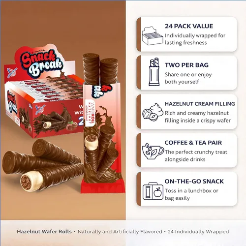 Miniatura 4 de Snack Break Rollos de Oblea de Avellana, Galletas de Oblea Enrolladas, Snack Delicioso con Capa de Cacao, Envueltos Individualmente, Palitos