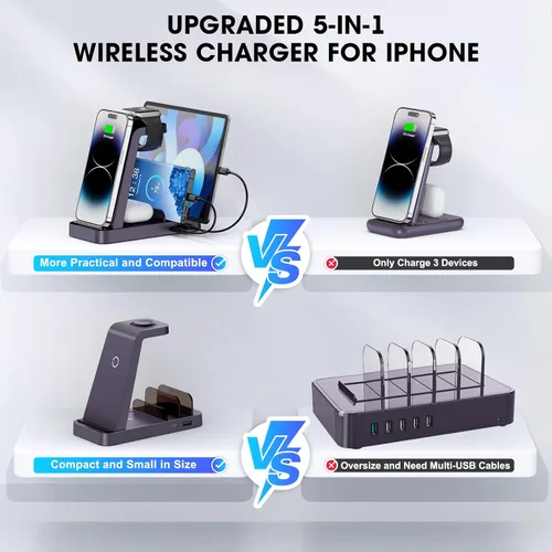 Miniatura 2 de Cargador inalámbrico para iPhone - Estación de carga 5 en 1 para múltiples dispositivos Apple: Soporte de carga rápida inalámbrica para iPhone 17