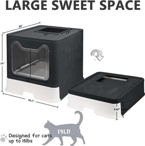 Miniatura 2 de Caja de arena plegable para gatos con tapa, orinal cerrado, inodoro grande de entrada superior antisalpicaduras, fácil de limpiar, incluye pala
