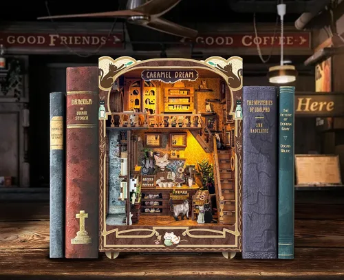 Miniatura 4 de Kit de rincón de lectura - Kit de casa de muñecas DIY en miniatura de madera con cubierta de polvo, estantería decorativa, rompecabezas 3D