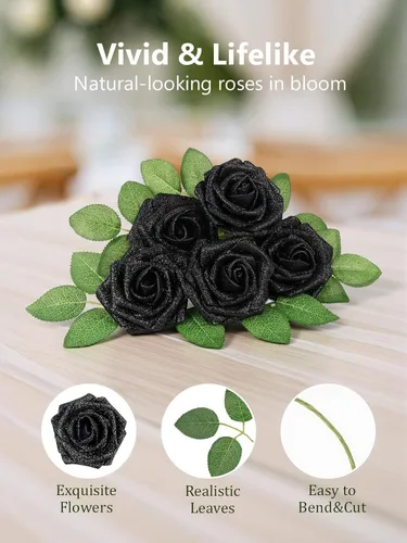 Miniatura 107 de N&T NIETING Flores artificiales, rosas artificiales de color rosa intenso, 50 piezas de flores falsas con tallo para ramos de boda DIY, centros