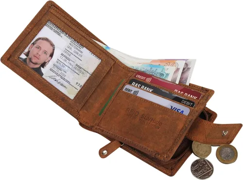 Miniatura 2 de Cartera de cuero real con bloqueo RFID para hombre con cremallera monedero 1044-marrón, Marrón, Vintage