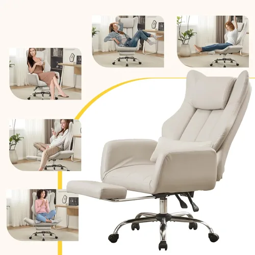 Miniatura 7 de Silla de oficina ergonómica con las piernas cruzadas con reposapiés, silla ejecutiva grande y alta de cuero con ruedas, reposabrazos reversible